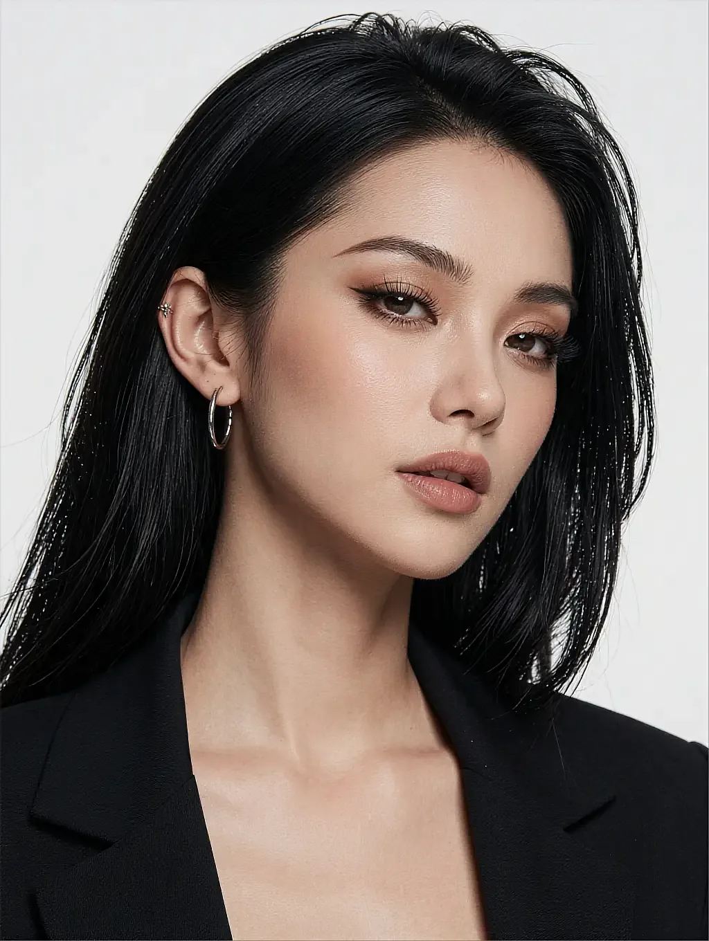 Fictional AI character with long black hair in a black blazer against a plain backdrop