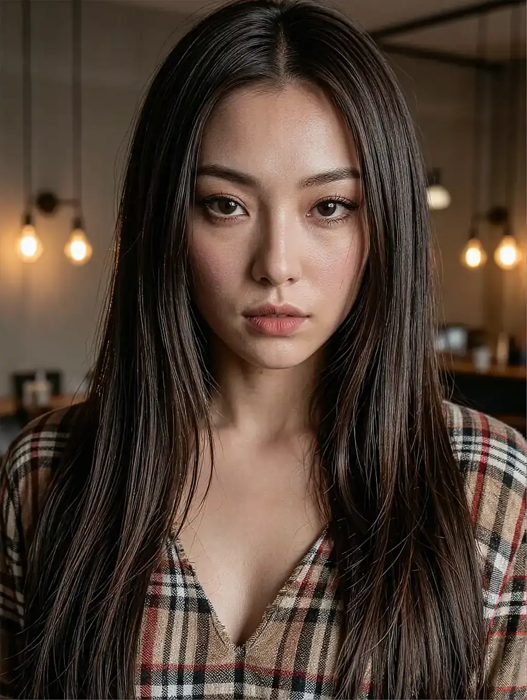 Fictional AI character in a plaid shirt in a warm cafe