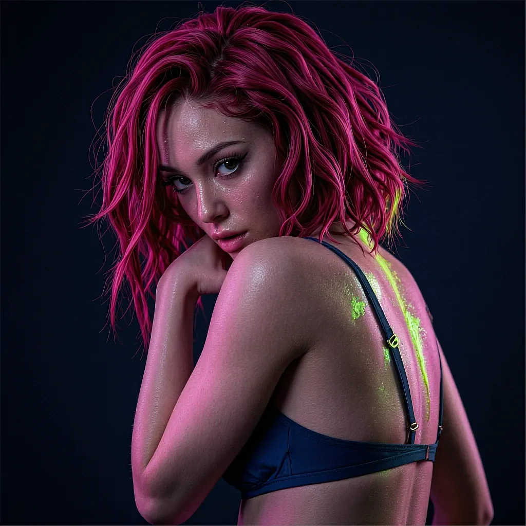 Profile card of a fictional AI character with pink hair under neon light