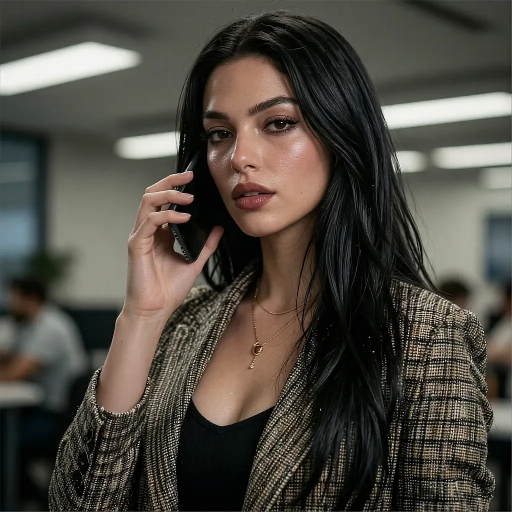 Profile card of a fictional AI character on her phone in an office