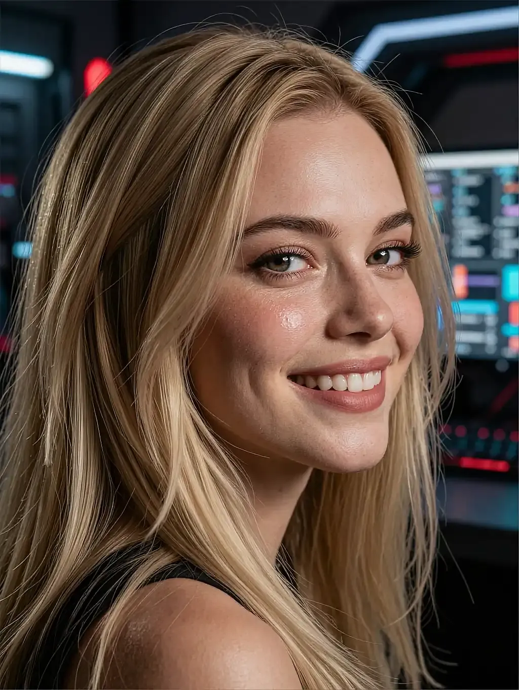 Fictional AI character with blonde hair smiling, monitors glowing behind her