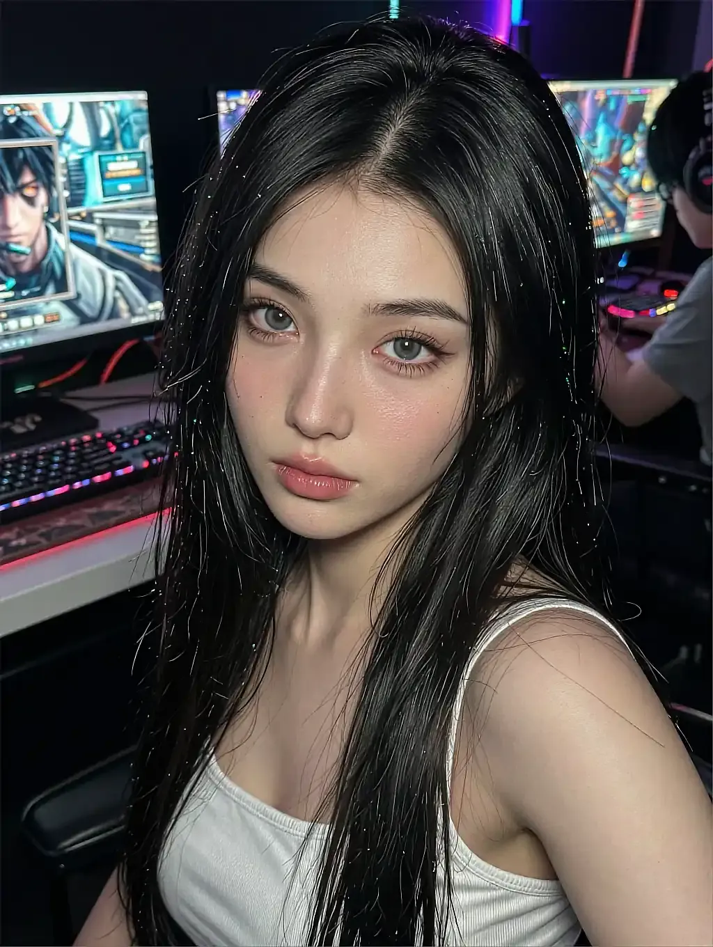 Fictional AI character in a white top at a neon-lit gaming setup