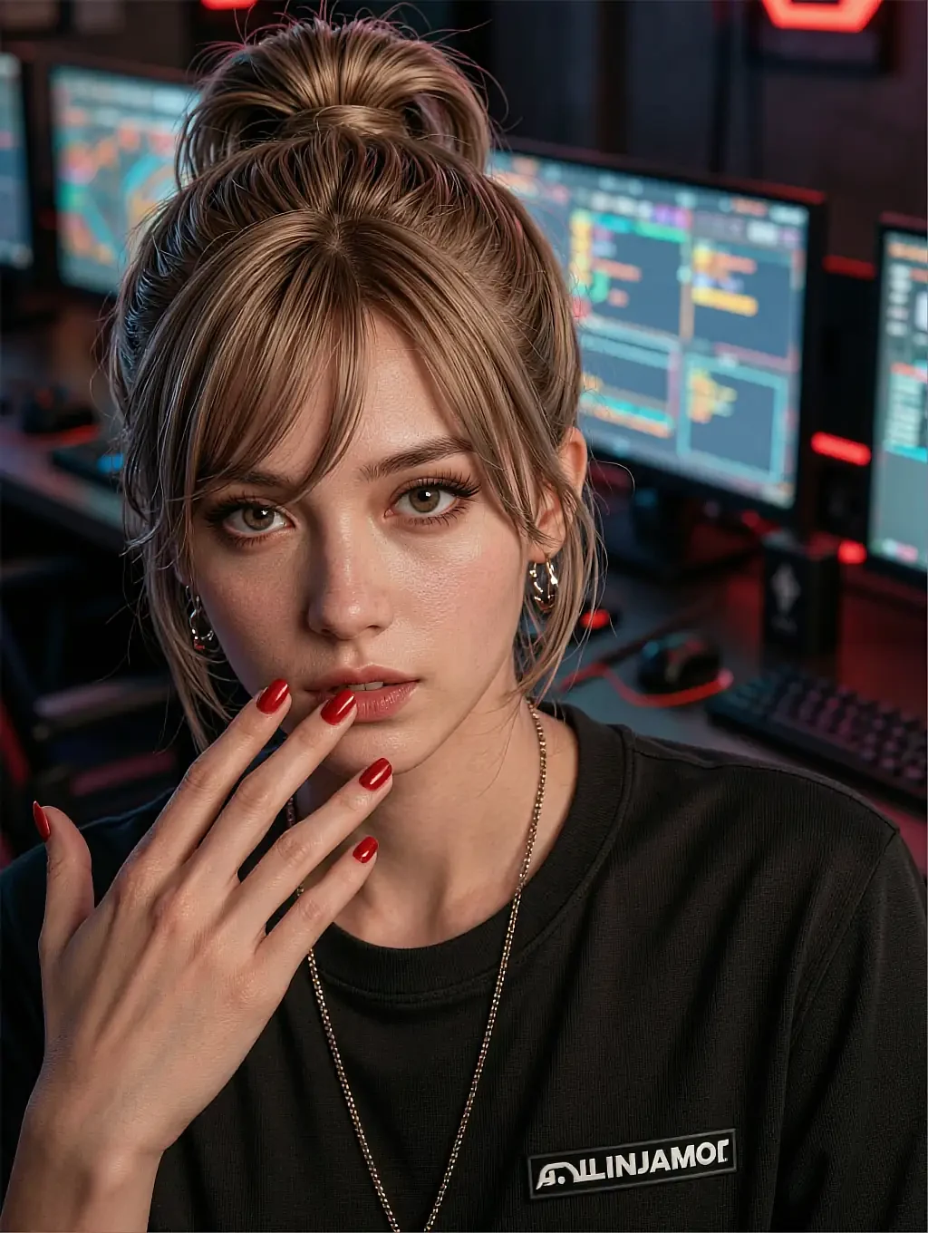 Fictional AI character in a black tee at a gaming desk, hand near her mouth